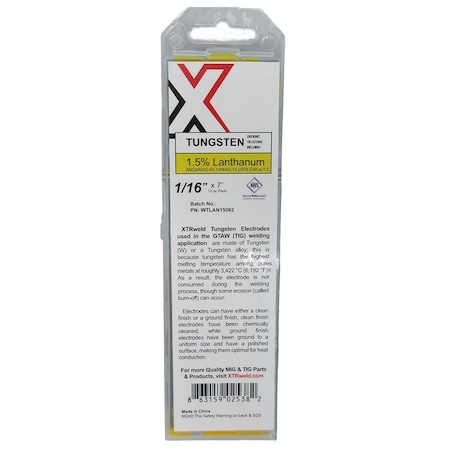 Xtrweld 1.5% Lanthanated Tungsten Electrode, 3/32, Gold, 10PK WTLAN15093